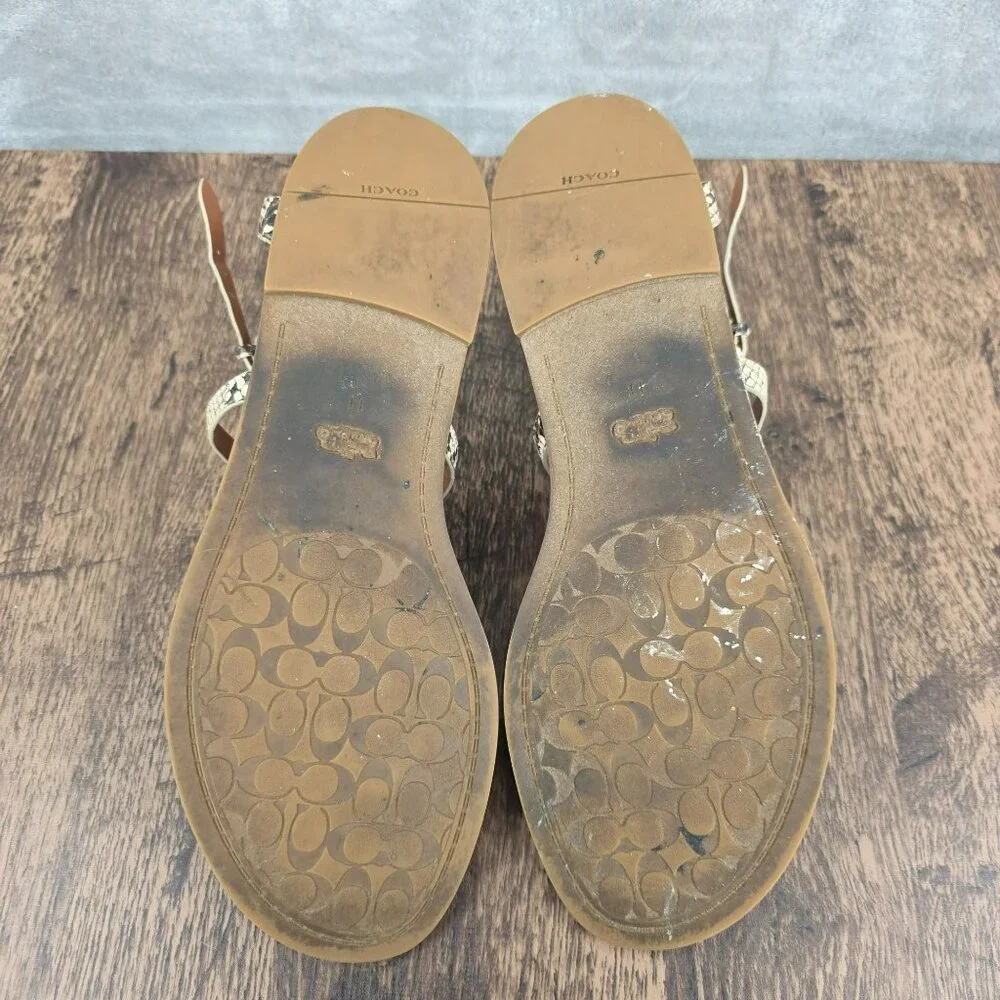 Coach Lydia T Strap Sandals 11 Snake Print Ankle Buckle Logo Strappy Flat Beachy